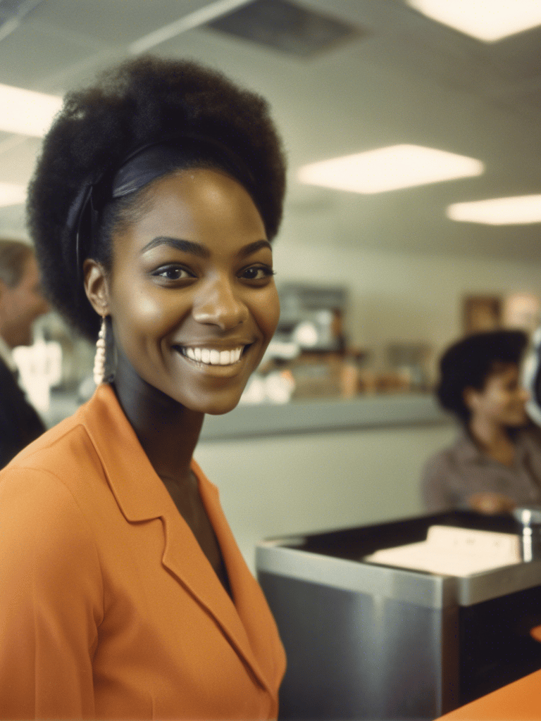 a woman in a orange jacket and a man in a suit