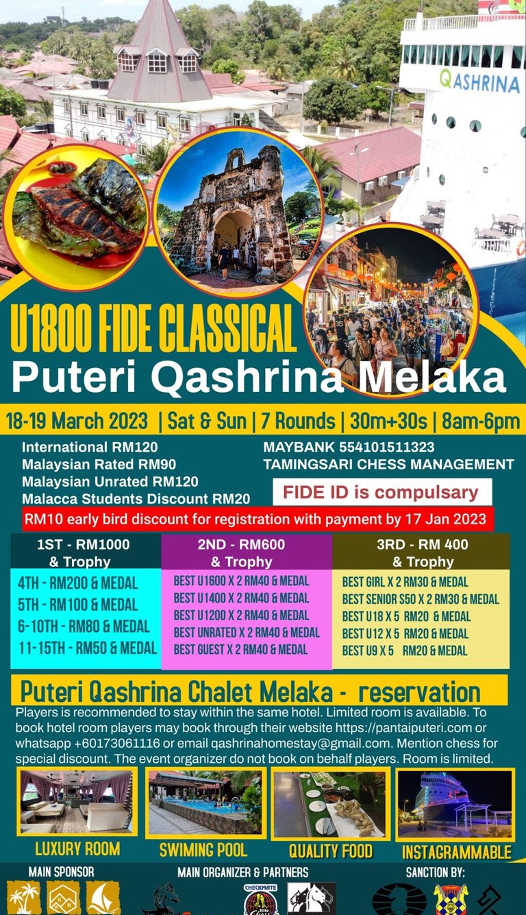 Puteri Qashrina Chalet Melaka U1800 FIDE Classical. Malaysia Chess. Catur Malaysia. 