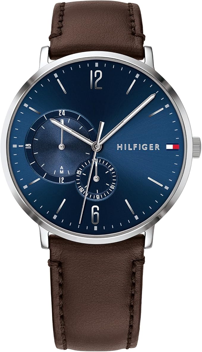 Tommy Hilfiger men's quartz watch with blue sunray dial and brown leather strap.