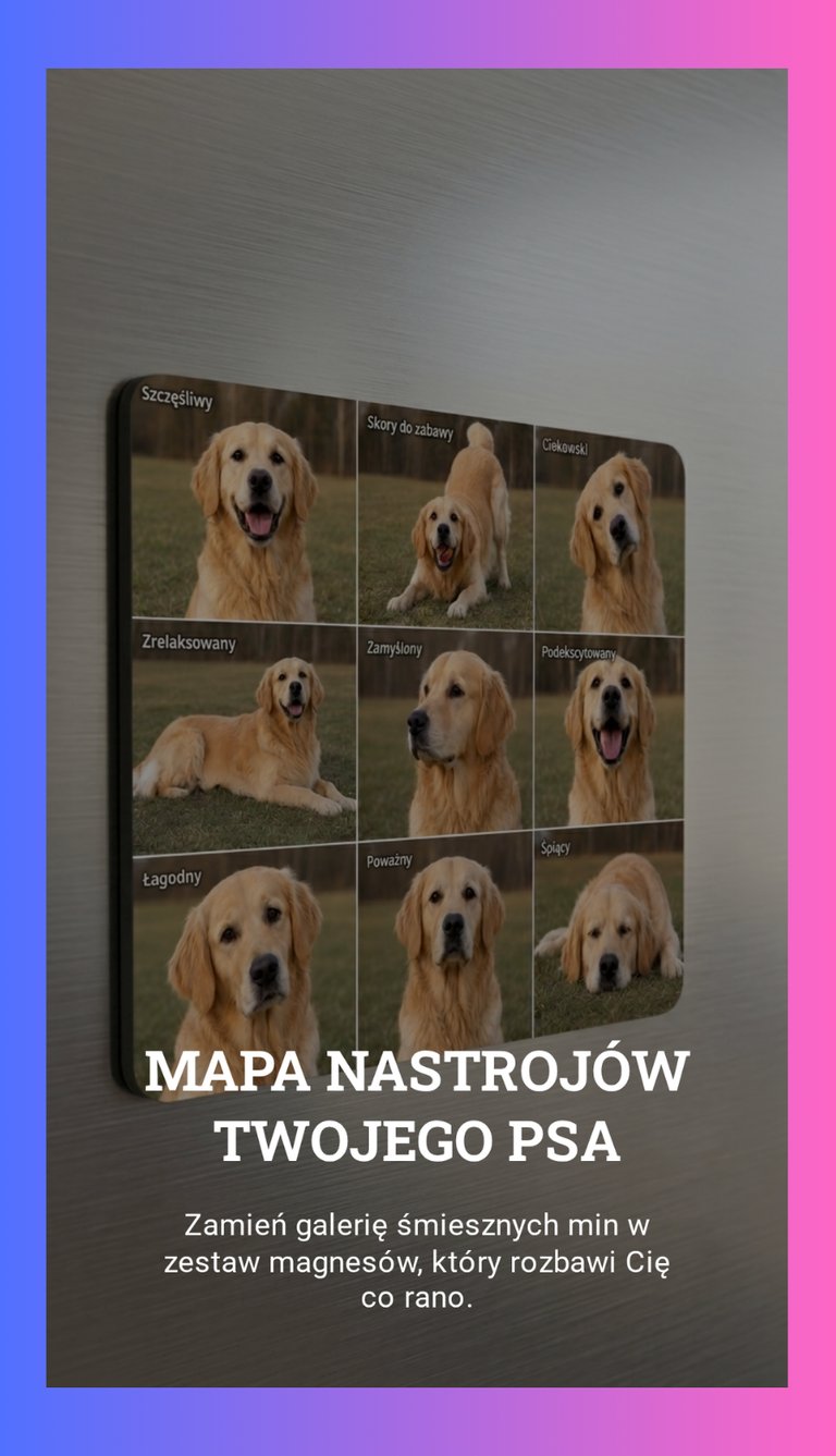 Personalized dog mood map magnet featuring nine Golden Retriever expressions with Polish labels.