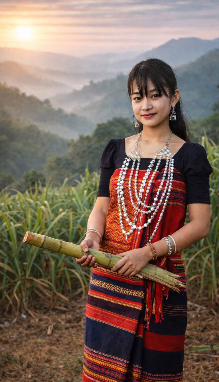 Chakma woman in traditional pinon and hadi holding sugarcane in the Chittagong Hill Tracts