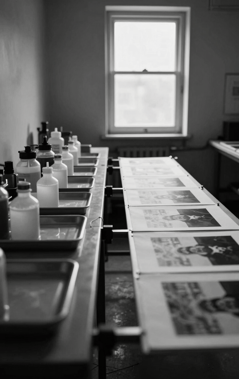 Wide-angle view from inside a photographer's darkroom printing space, trays of developer fluid on a long table to the left third, a drying line of prints stretching into soft shadow on the right, natural light falling from a single high window, no people, stark tonal contrast, monochrome atmosphere