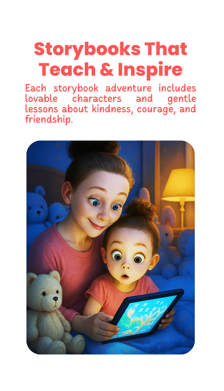 a mother reading a storybook for her kid from a tablet
