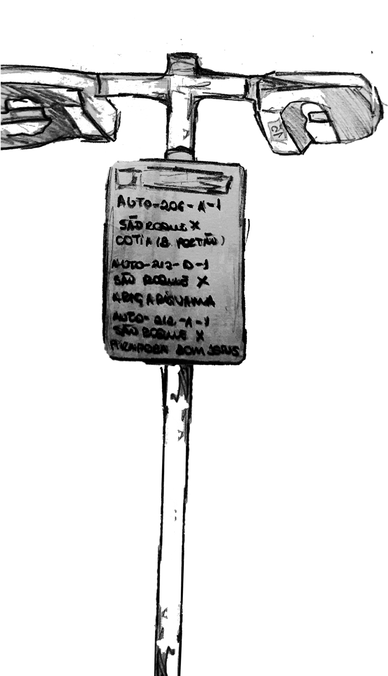 Ilustração de um poste de iluminação pública com duas lâmpadas quebradas e há uma placa informativa.