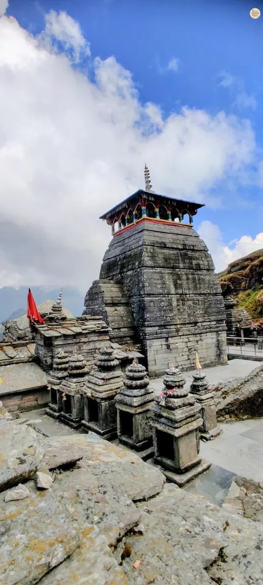 Tungnath Temple with surrounding small shrines, Chopta, Uttarakhand Himalayas.