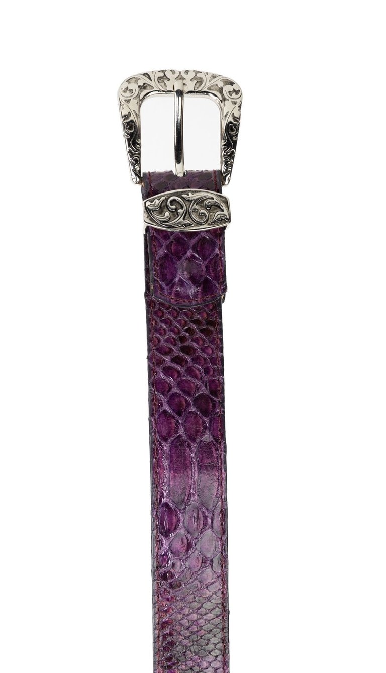 Purple snakeskin leather belt with an engraved silver western-style buckle and hardware.