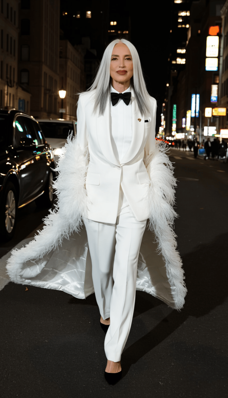 Elegante Luxury Coach in Smoking bianco, papillon e pelliccia di piume.