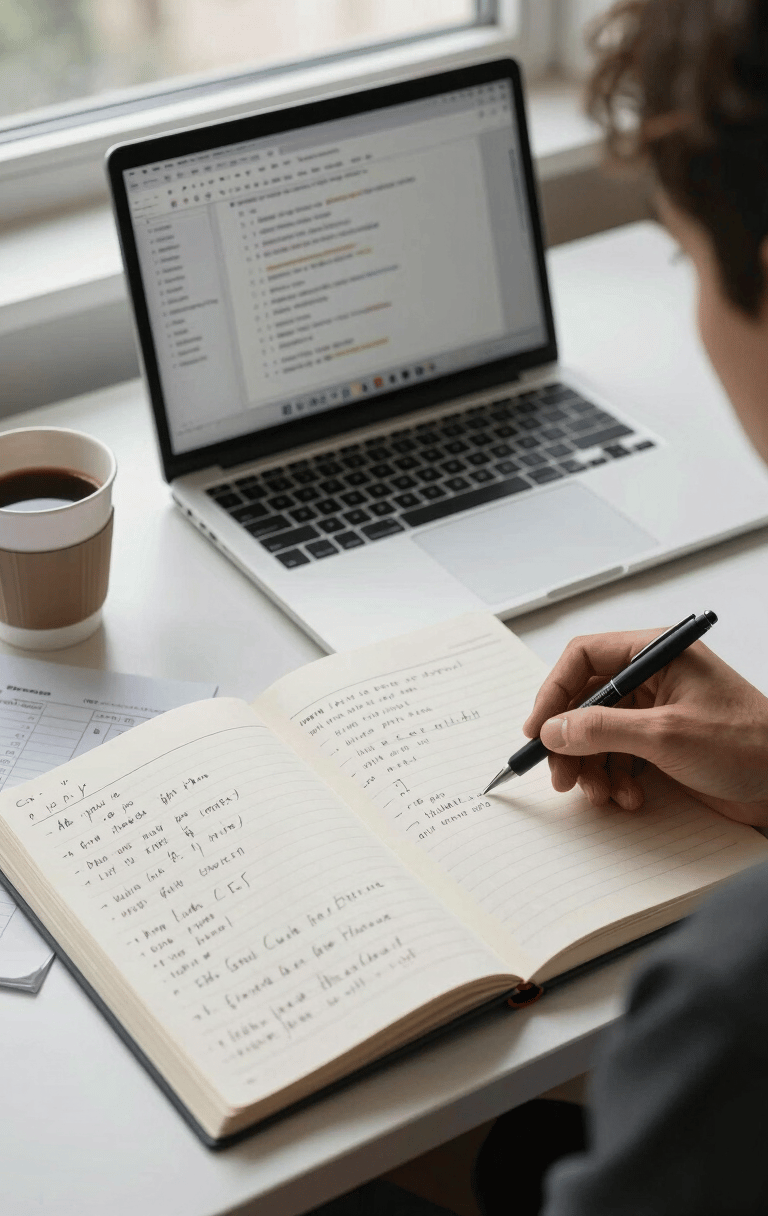 Homme qui prend note dans un cartnet avec une tasse de café et un laptop posés sur son bureau
