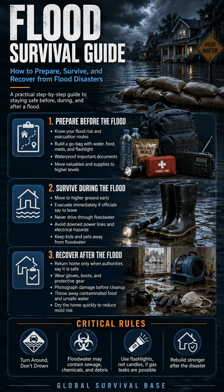 Comprehensive flood survival guide infographic detailing preparation, survival during floods, and recovery safety tips.
