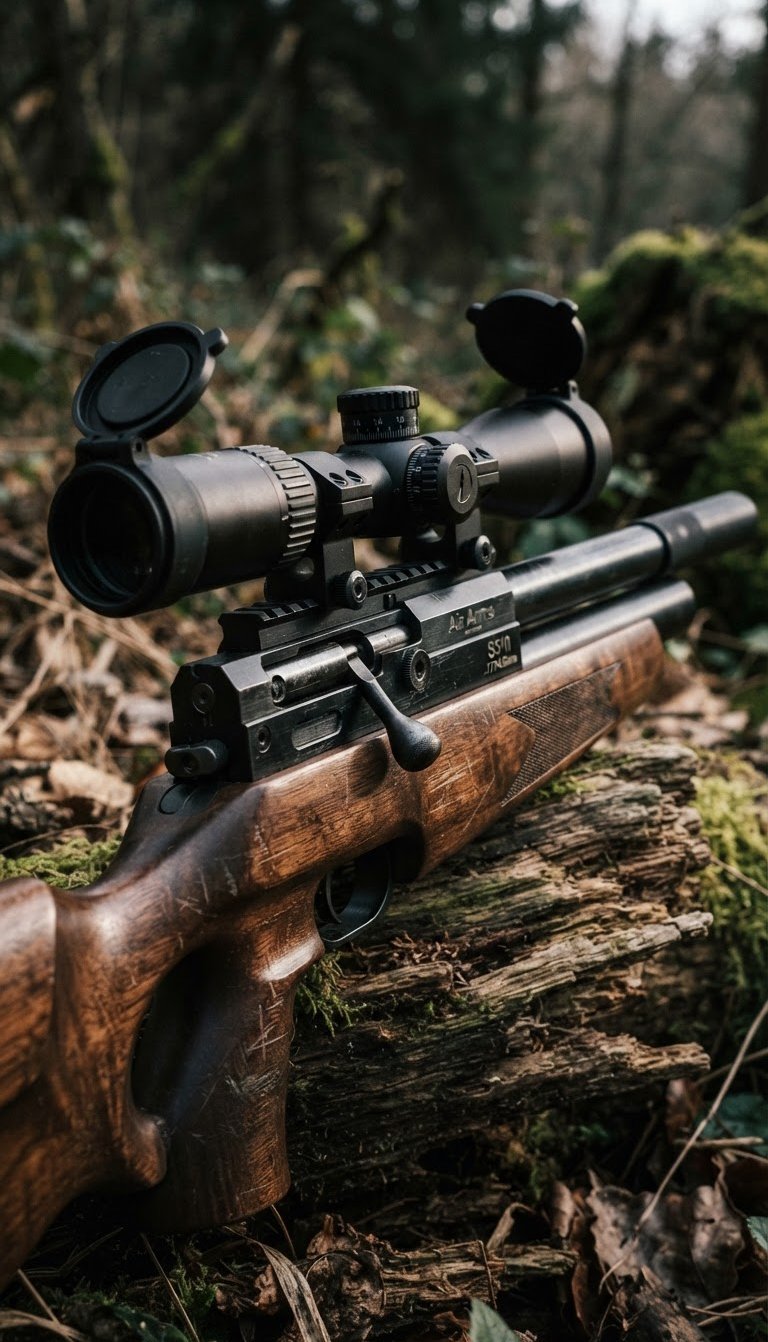 Close-up of a high-pressure PCP air rifle receiver with a scope mounted, in a rugged outdoor setting under overcast lighting, metallic textures and rich wood grain popor kayu, dramatic side-lighting, 50mm lens, wide shot