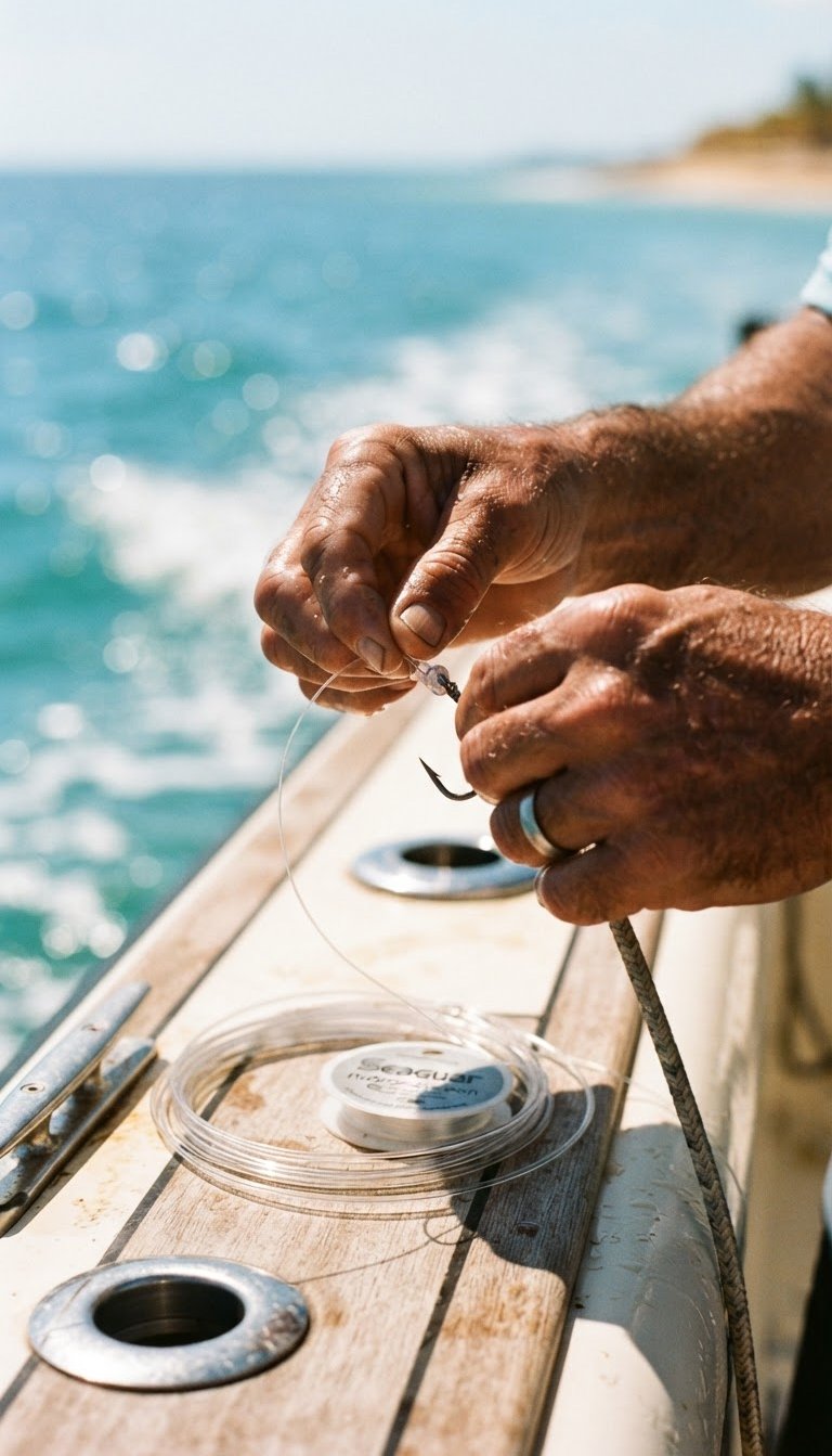 Close-up of weathered hands rigging a fishing line on a private center-console boat, sun-drenched, shallow depth of field, 35mm, warm editorial photography.