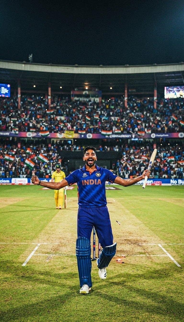 Wide-angle shot of a packed cricket stadium under dramatic floodlights at night, a player in the foreground celebrating a wicket, rich saturated colors.