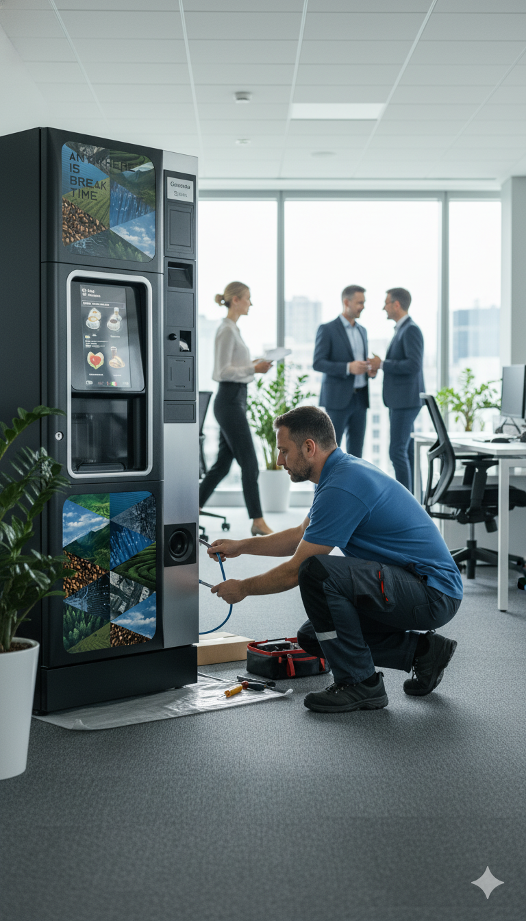 Empleados en oficina usando máquina de café vending - instalación Tomaluba Buenos Aires