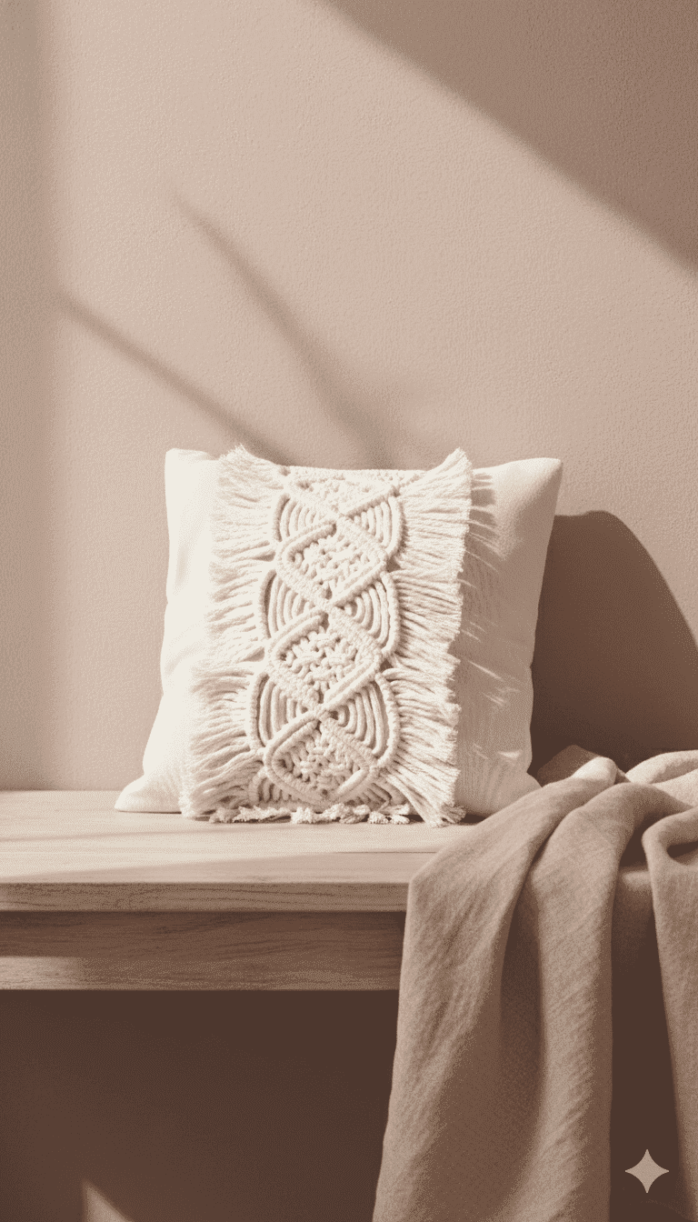 funda para cojin decorativo, con tejido macrame en color crudo, tejido a mano por kaalm mx