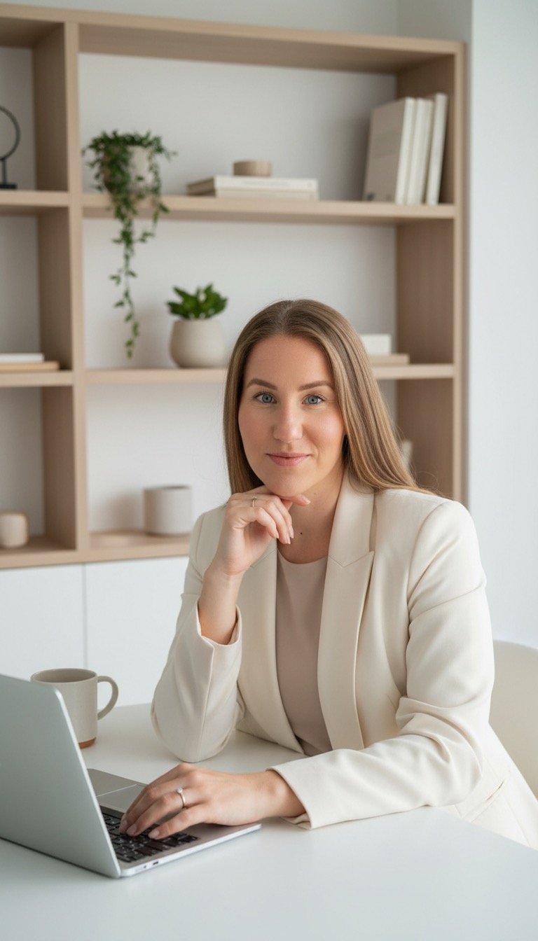 Professional businesswoman in a white blazer sitting at a desk with a laptop in a modern bright office.
