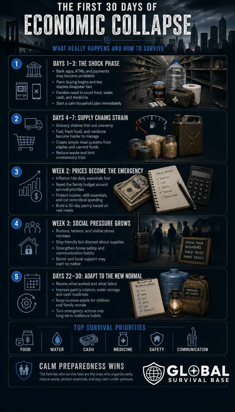 Infographic detailing the first 30 days of economic collapse survival tips and emergency preparedness priorities.