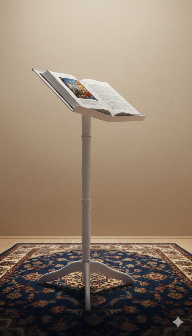 adjustable book stand holding an open book at a raised viewing angle