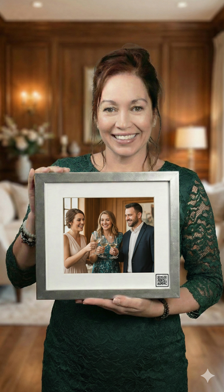 a woman holding a picture of a family photo with Keepsakesqr.com sound art