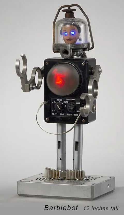 Found object robot named Barbiebot by Santa Barbara artist Tal Avitzur.