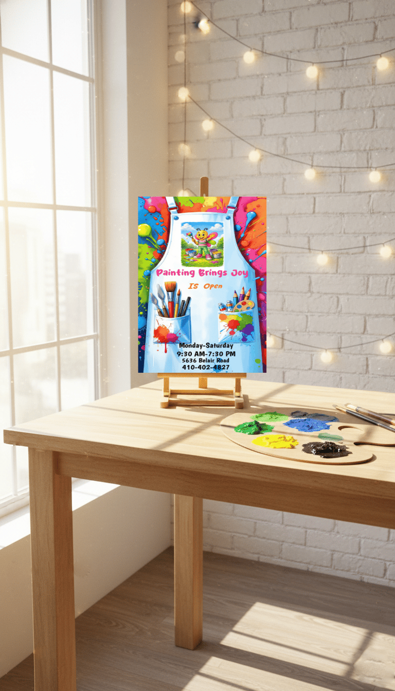 $20 paint parties, Painting Brings Joy, Paint brushes, paint, smock, art supplies, open, easel, fun,