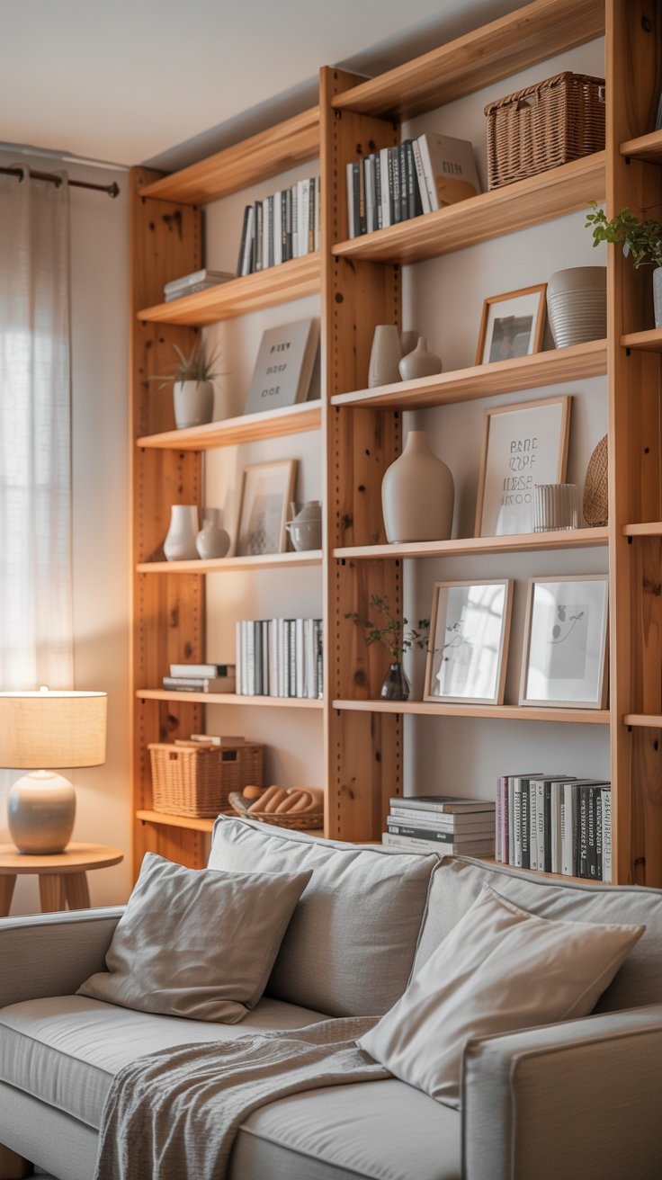 a couch with pillows in a living room and wall mounted shelves