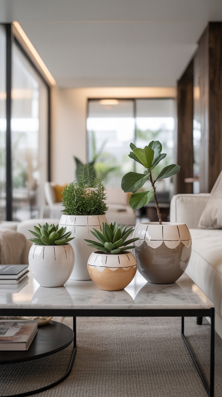 a coffee table with hand painted flower pots