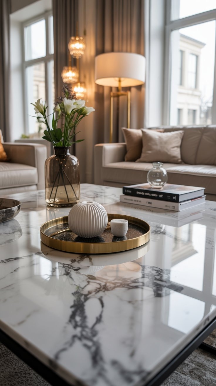 a living room with a marbled coffee table