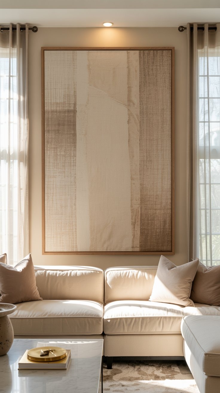 a living room with a couch a coffee table and fabric wall art