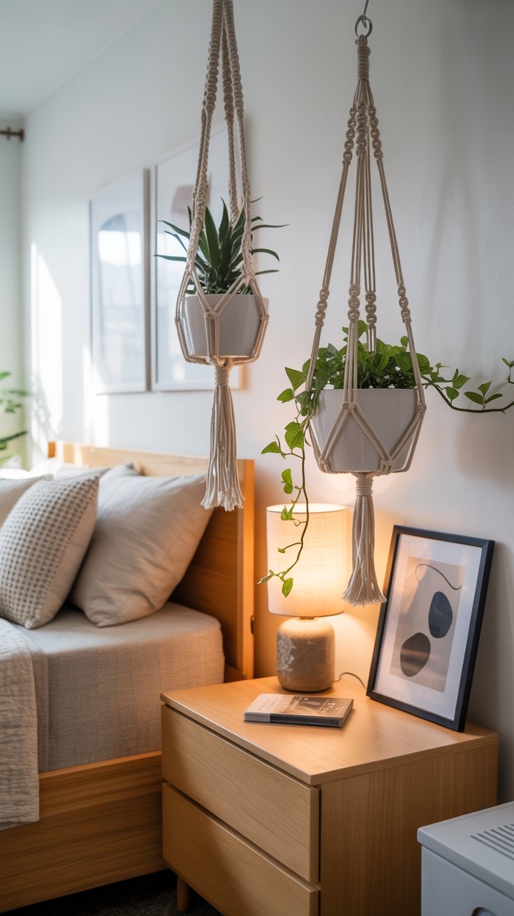 a bedroom with a bed and a nightstand with macrame plant hangers