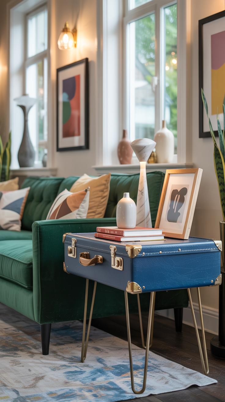 a blue suitcase on a table with a vase, books and picture frame