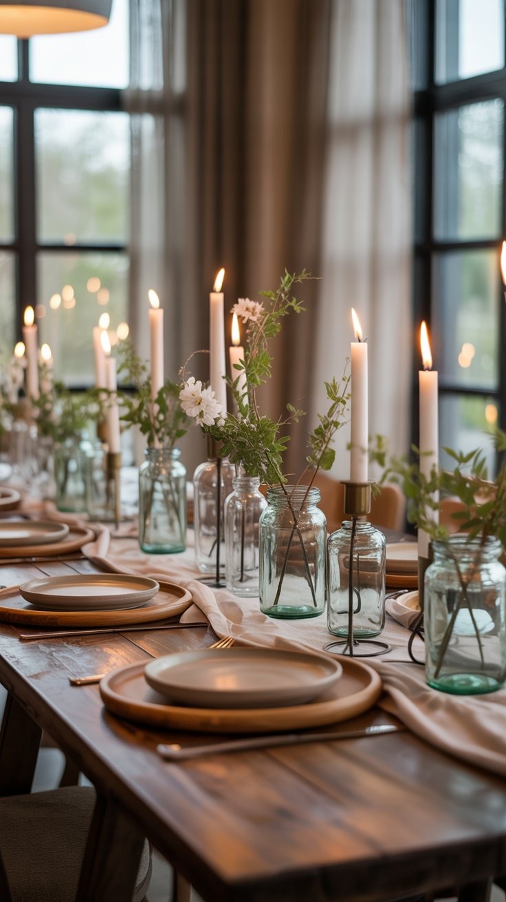 a table with candles, glass jars with flowers and lit candles