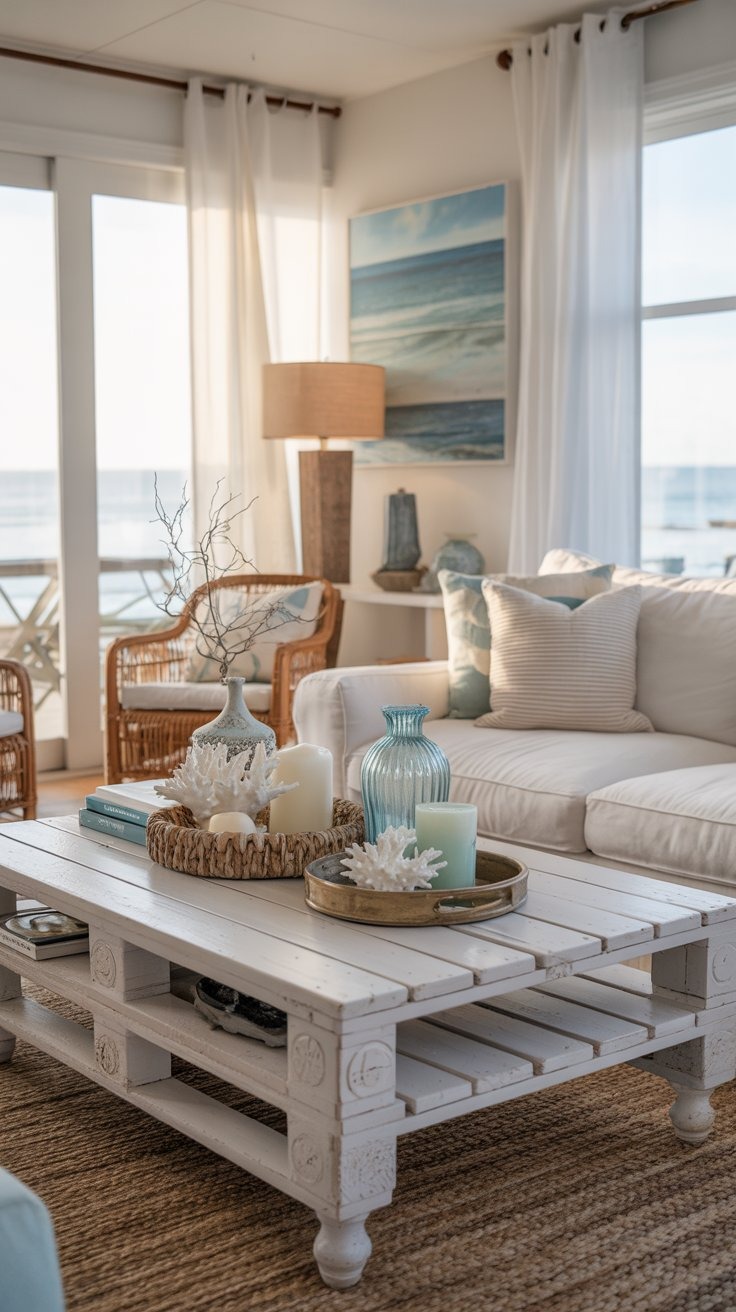 a living room with a couch and a table table made ut of wood pallets