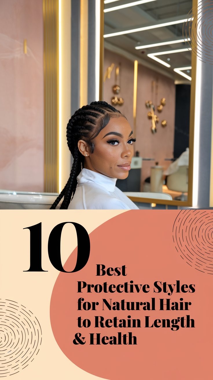 A photo of a Black woman with a freshly styled, sleek flat twist hairstyle. She is seated in a luxurious beauty salon with mo