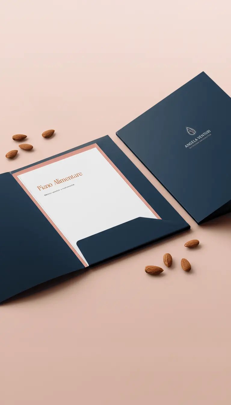 Cartellina blu per nutrizionista con piano alimentare personalizzato.