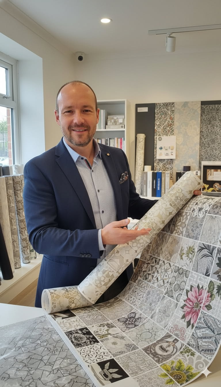 Professional interior designer presenting a roll of floral and geometric patterned wallpaper in a showroom.