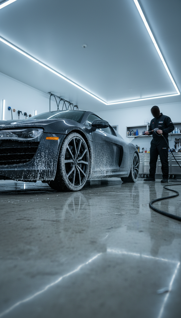 Professional car detailer applying snow foam wash to a grey Audi R8 in a modern studio.