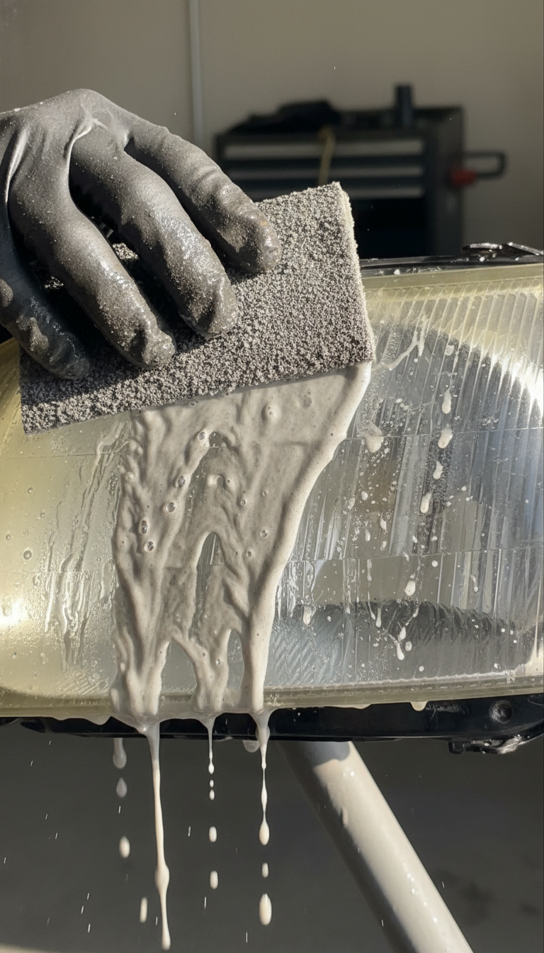 A gloved hand uses a sanding sponge to restore a yellowed car headlight with a cleaning solution.