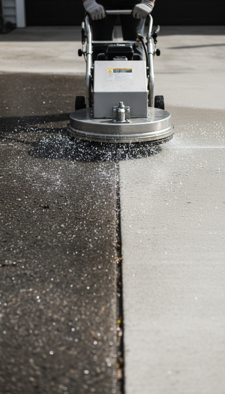 Professional surface cleaner machine power washing a dirty concrete driveway to restore its original look.