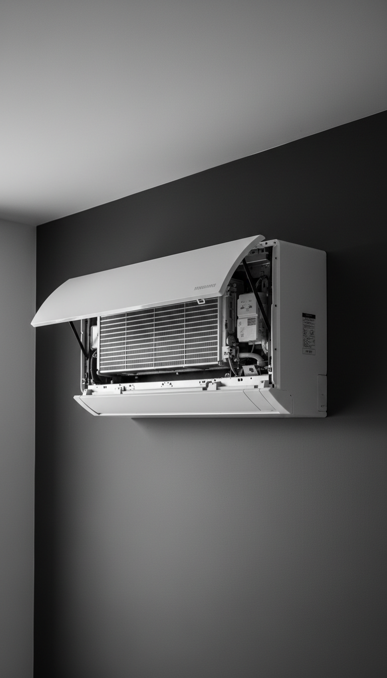 Ductless mini split air conditioner unit with open front panel for maintenance on a dark grey wall.