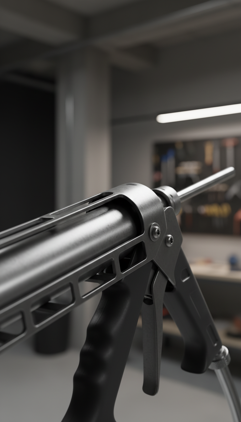 Professional heavy-duty caulking gun with ergonomic handle in a workshop setting.