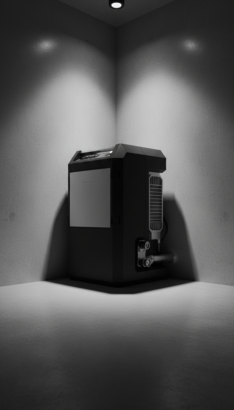 Modern black industrial dehumidifier machine positioned in a minimalist concrete corner with spotlighting.