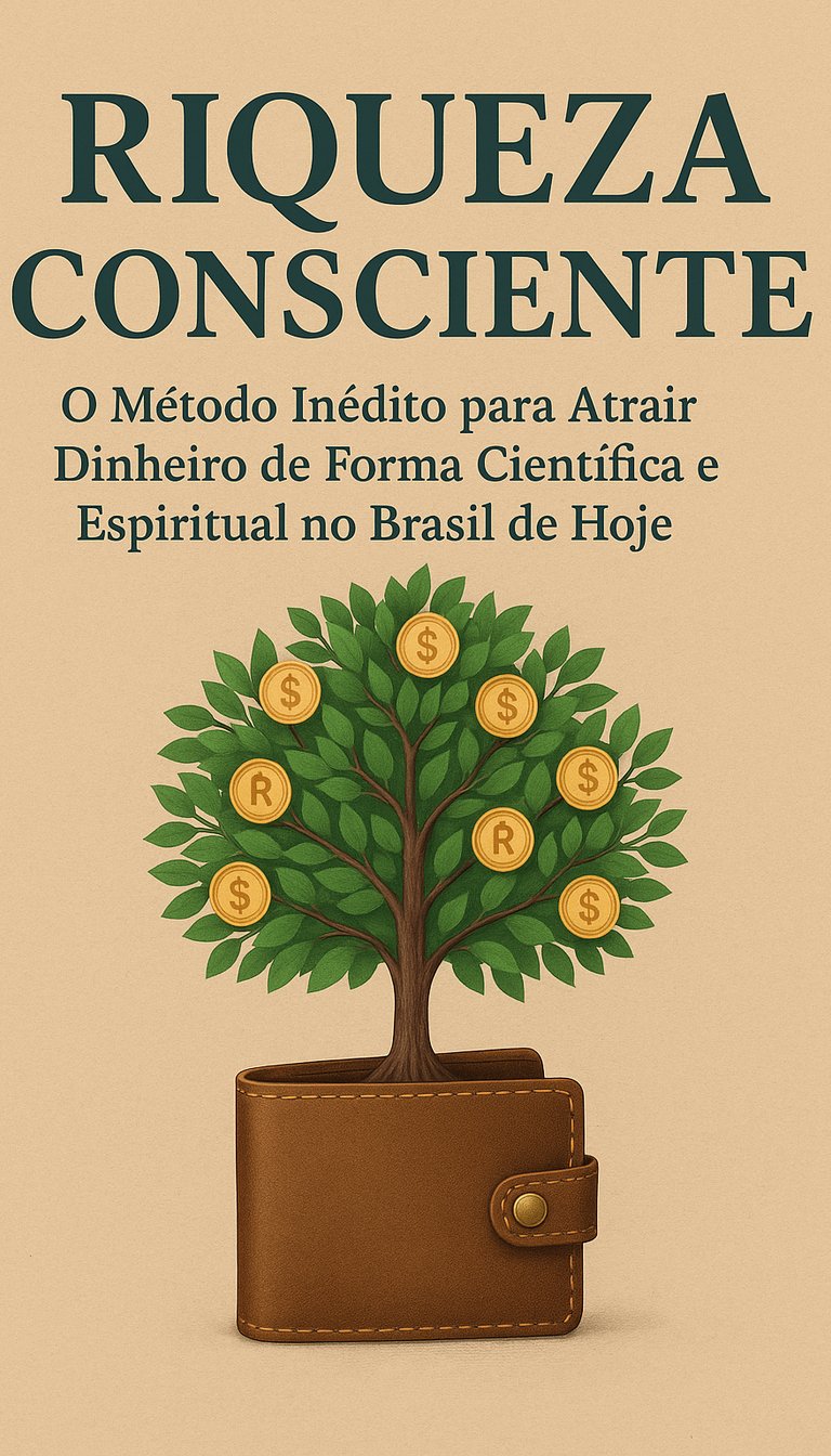Capa do e-book "Riqueza Consciente" com ilustração de uma árvore de moedas crescendo em uma carteira