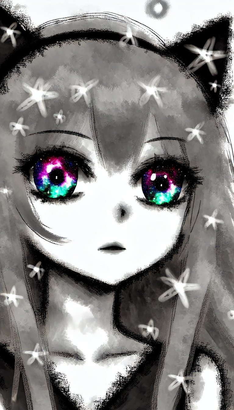 Monochrome portrait of an anime girl with colorful cosmic eyes – SimcaArt gallery full-size.