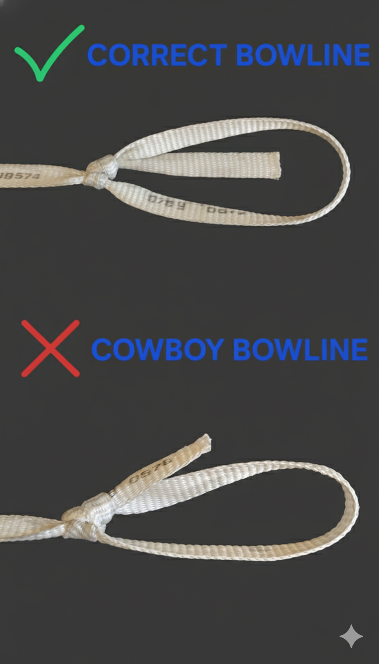 Correctly tied Bowline versus Cowboy Bowline (left-handed Bowline)