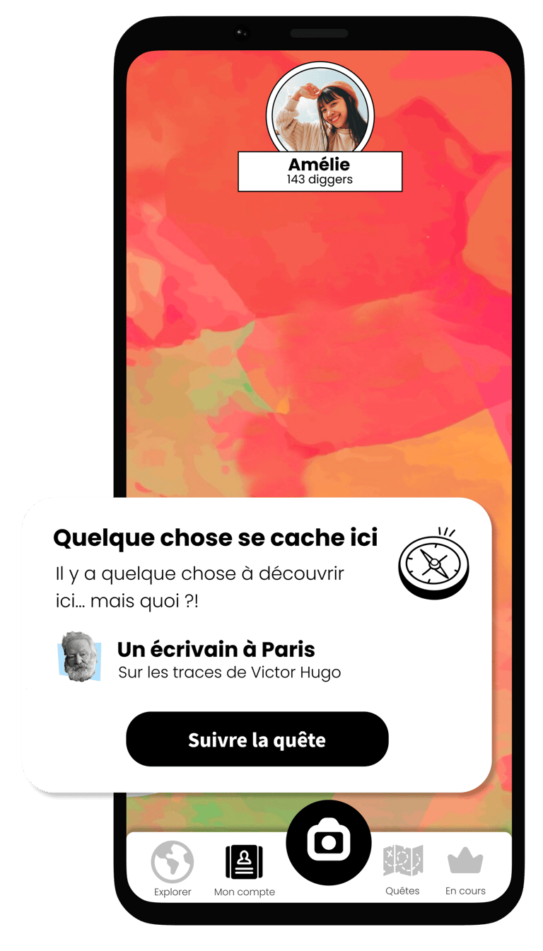 Capture d'écran de l'application Diggers montrant l'apparition d'un point à découvrir sur la map occultée
