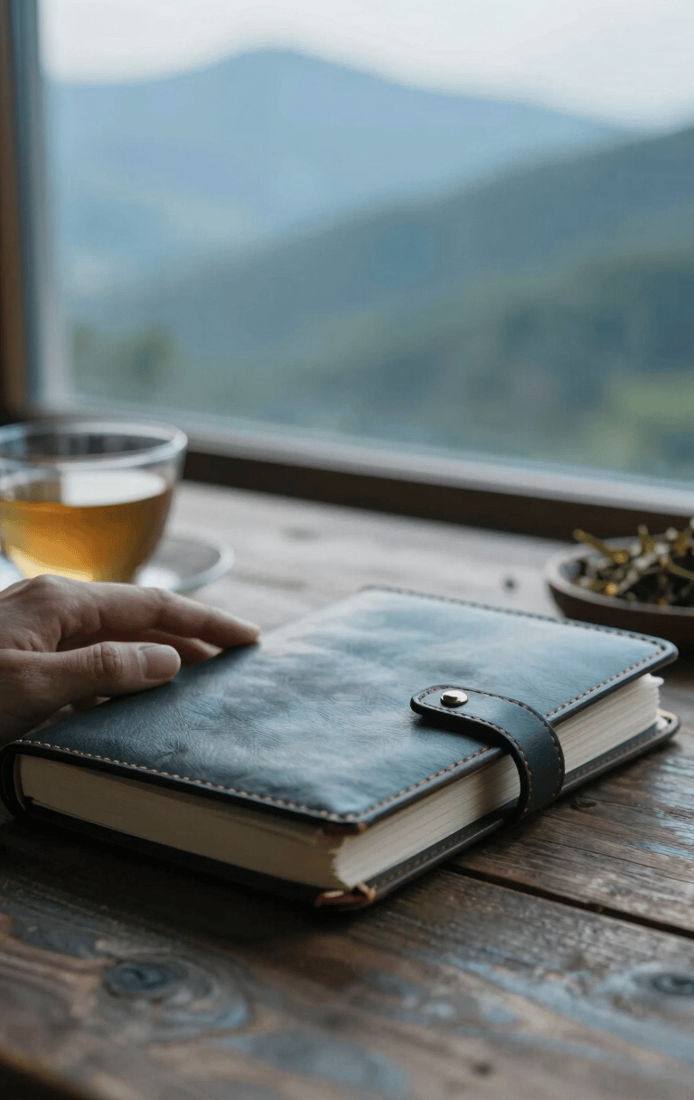 Close-up of hands holding a leather-bound journal on a rustic wooden table, soft morning light filtering through a window, a warm cup of herbal tea nearby, shallow depth of field.