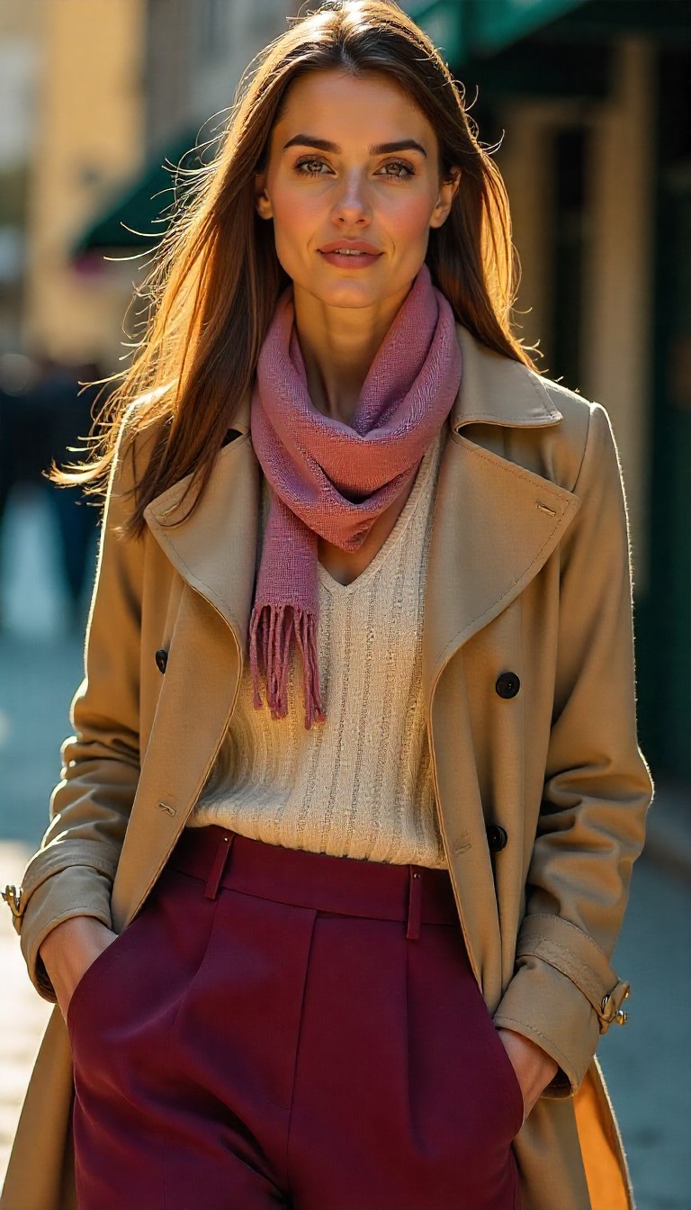 a woman in a coat and scarf on a street