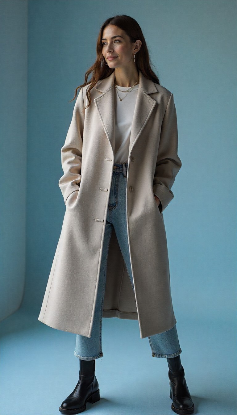 a woman in a beige coat and jeans standing in front of a blue wall