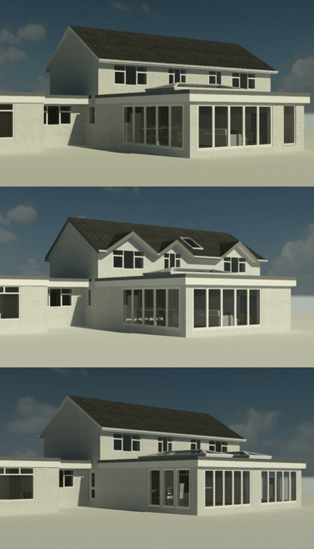 Multiple 3D digital design options converting a bungalow into a 2 story property with rear extension