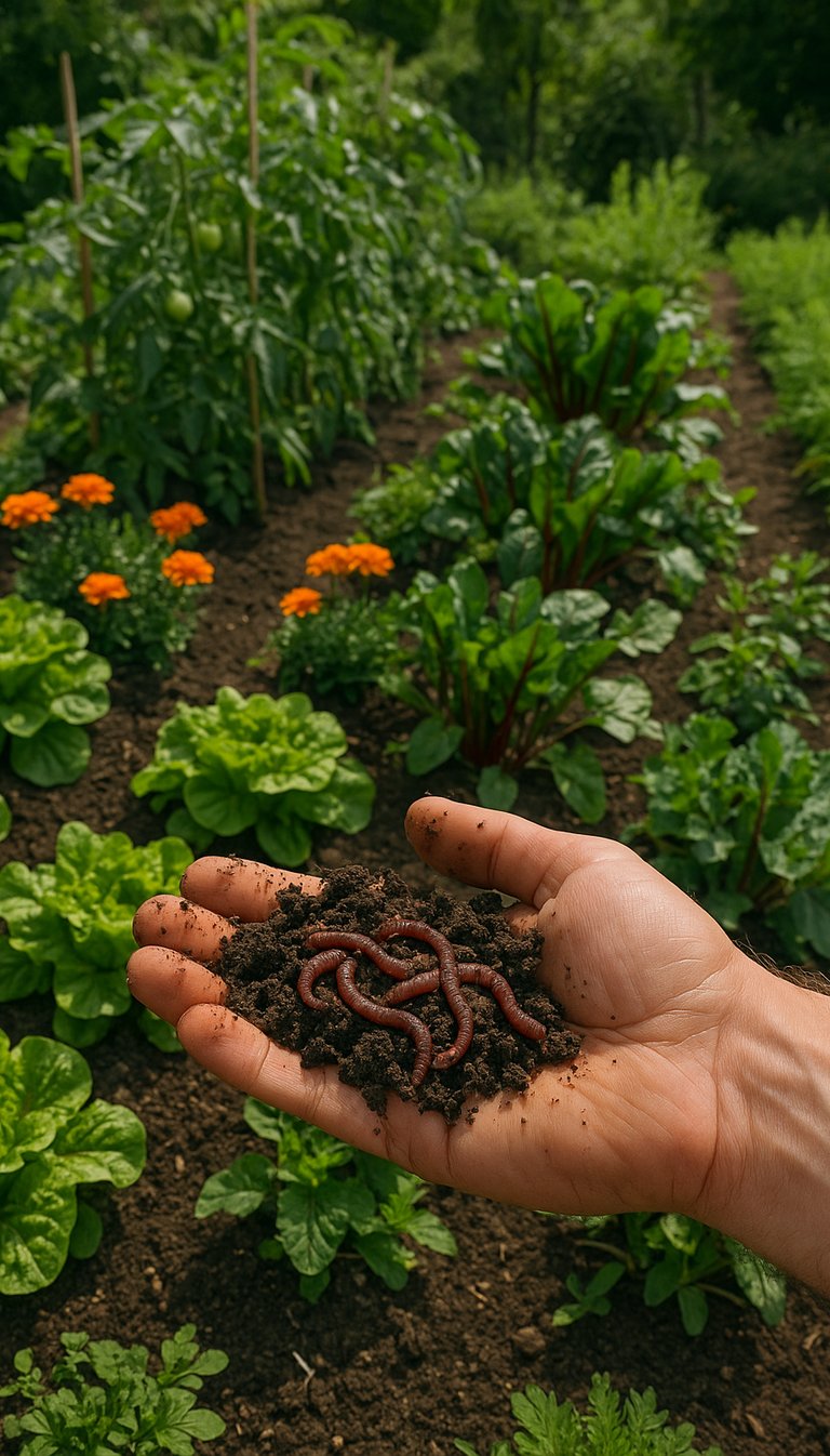 Une main avec des vers de terre devant un potager pour la journée mondiale des vers de terre.